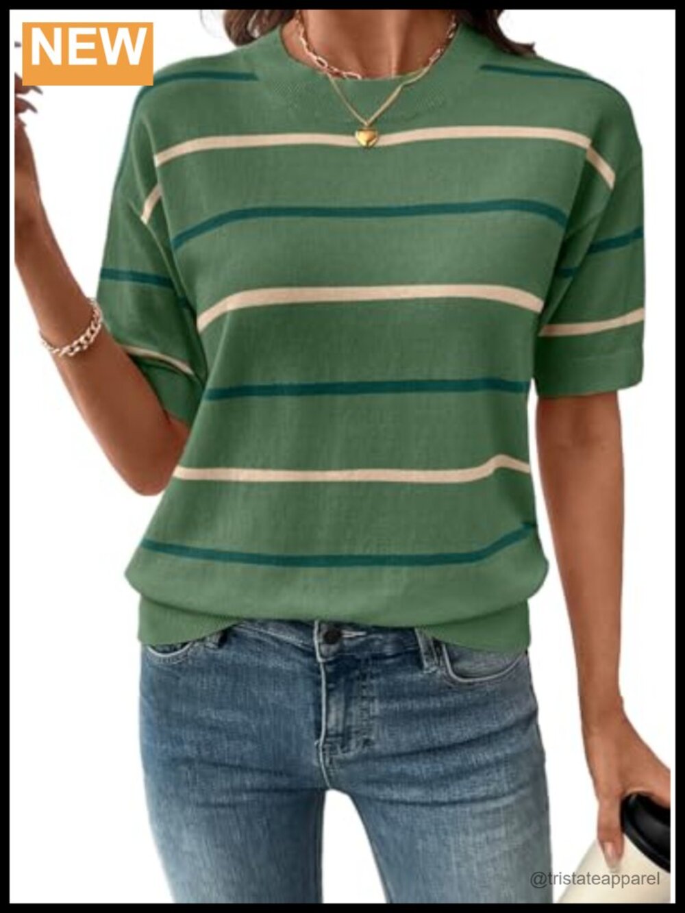 Womens Crewneck Short Sleeve Striped Knit Sweater Pullover Loose Fit Office Top